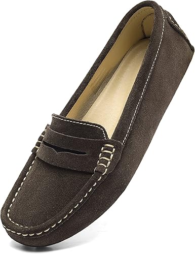 Women's Suede Leather Casual Penny Loafers Retro Ladies Moccasins Driving Mocs Comfort Slip-On Fashion Boat Shoes Classic Flats
