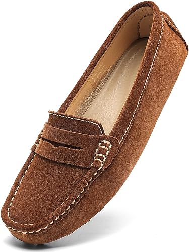 Women's Suede Leather Casual Penny Loafers Retro Ladies Moccasins Driving Mocs Comfort Slip-On Fashion Boat Shoes Classic Flats