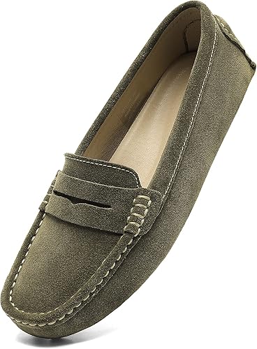 Women's Suede Leather Casual Penny Loafers Retro Ladies Moccasins Driving Mocs Comfort Slip-On Fashion Boat Shoes Classic Flats
