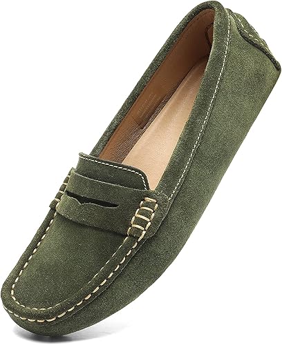 Women's Suede Leather Casual Penny Loafers Retro Ladies Moccasins Driving Mocs Comfort Slip-On Fashion Boat Shoes Classic Flats