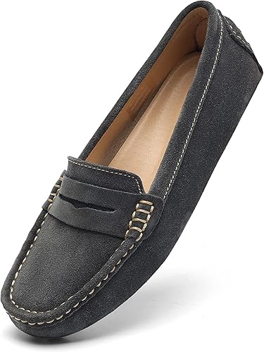 Women's Suede Leather Casual Penny Loafers Retro Ladies Moccasins Driving Mocs Comfort Slip-On Fashion Boat Shoes Classic Flats